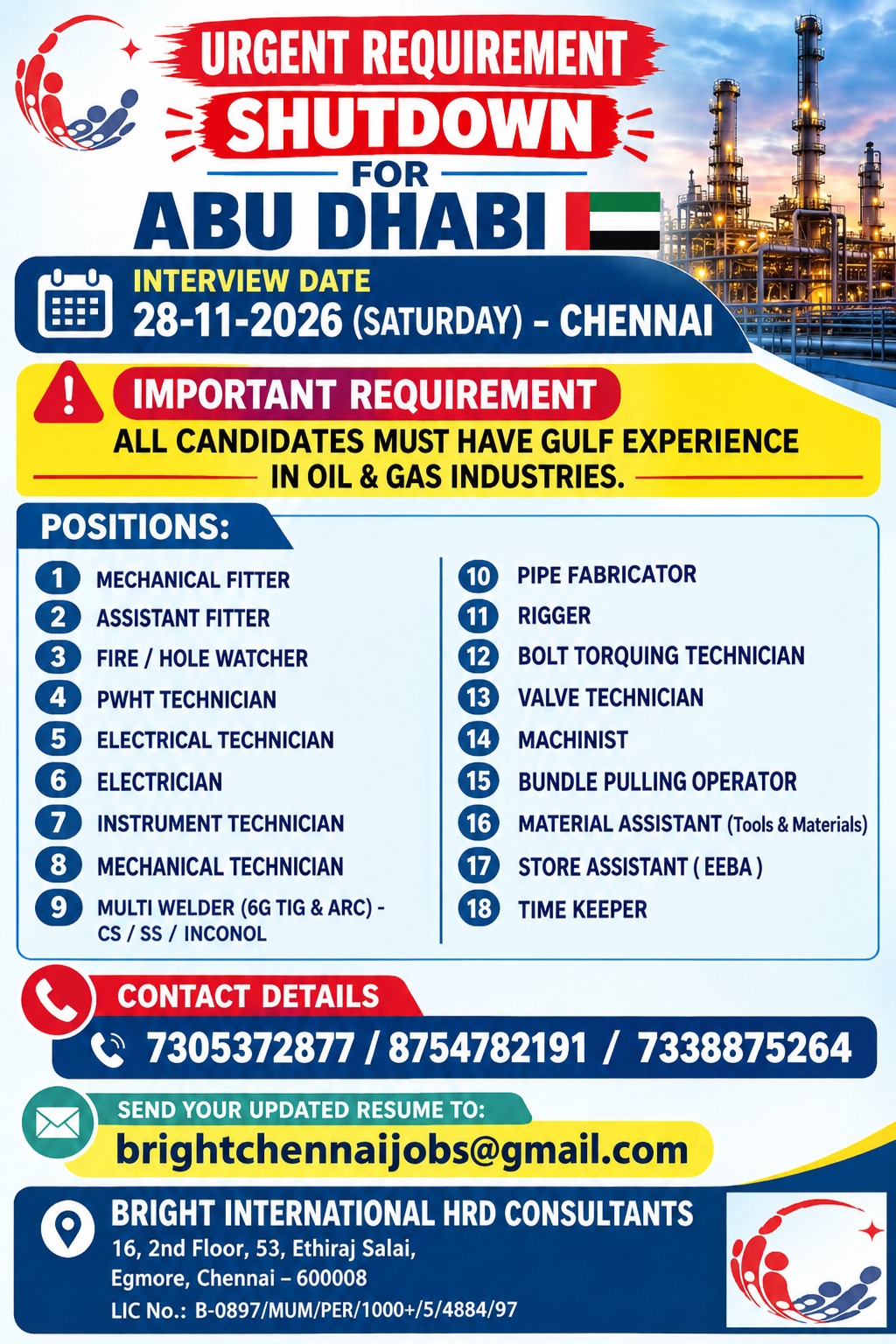 Requirement for Abu Dhabi (Shutdown) — Bright International, Chennai, ABU DHABI
