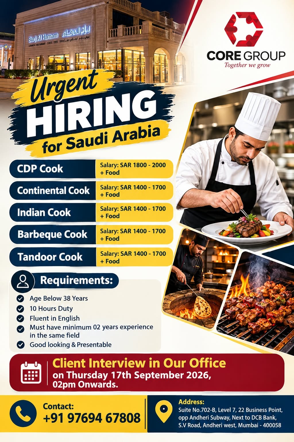 URGENT HIRING FOR "BURJ AL HAMAM" RESTAURANT IN SAUDI ARABIA 🔰 Client Interview  🔰  Mumbai on 17th September