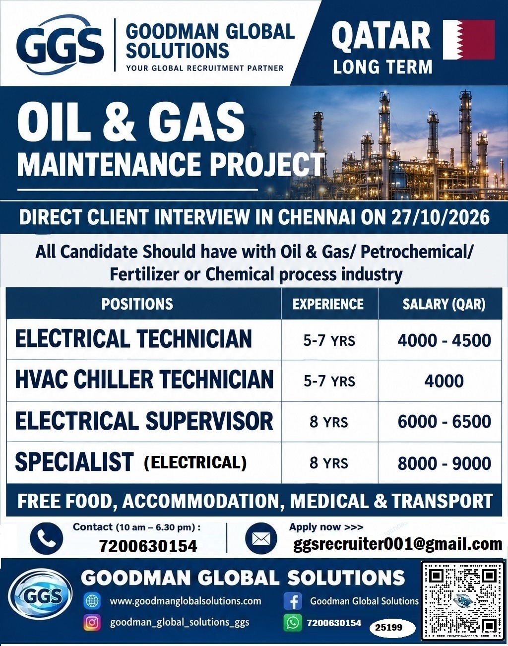 QATAR  - LONG TERM (OIL & GAS MAINTENANCE - PROJECT) DIRECT CLIENT INTERVIEW IN CHENNAI  27/10/2026 — GOODMAN GLOBAL SOLUTIONS, Qatar, Qatar