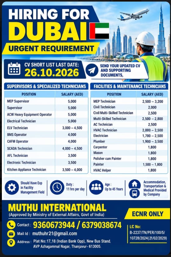 Hiring for Dubai - Urgent Requirement interview @@@ — MUTHU INTERNATIONAL, United Arab Emirates