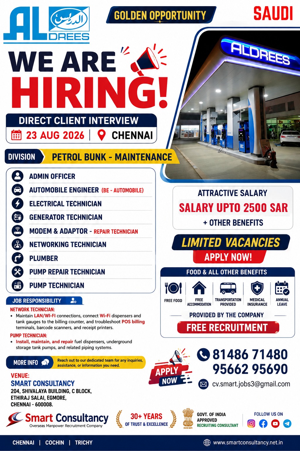 🚨 ALDREES SAUDI ARABIA – WE ARE HIRING! 🚨 📅 Direct Interview: 23 Aug 2026 | 📍 Chennai