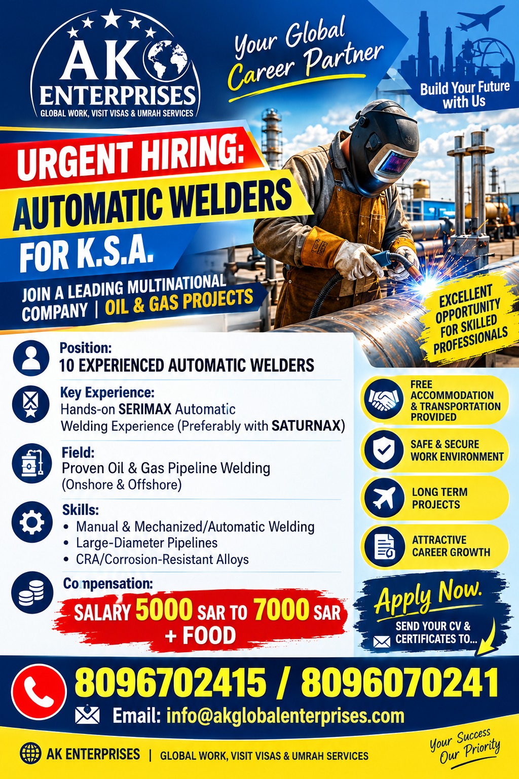 Urgently Hiring for Saudi ACountry: Saudi Arabia (K.S.A.) Position: 10 Experienced Automatic Welders Industry: Oil & Gas Projectsrabia