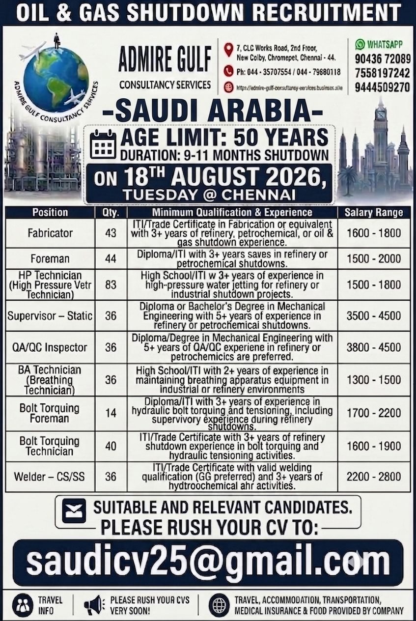 Oil & Gas Shutdown Recruitment - Saudi Arabia
