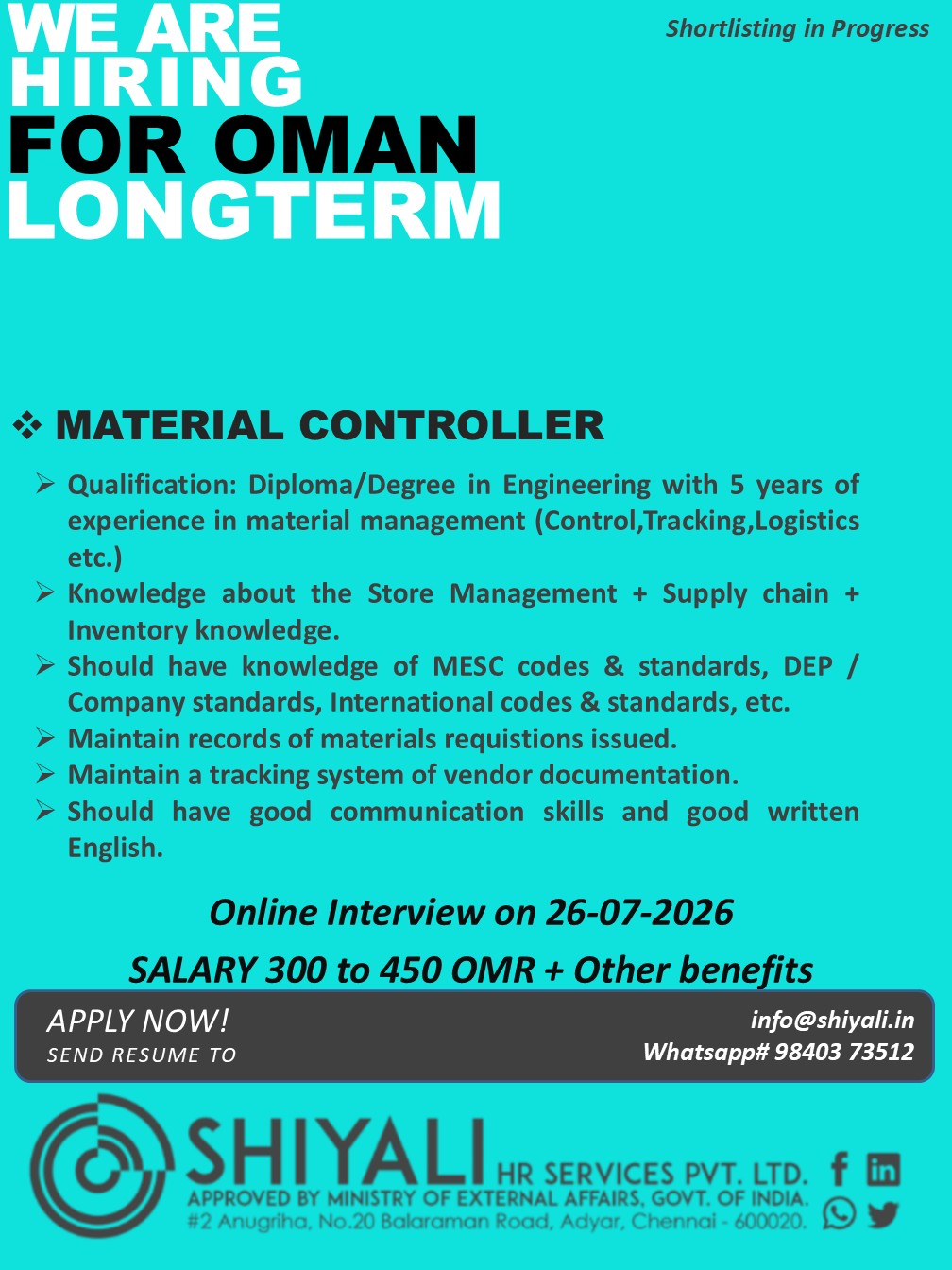 Material Controller — SHIYALI HR SERVICES, Oman