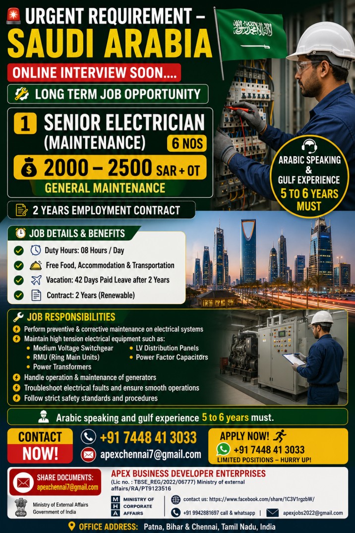 Senior Electrician (Maintenance) — Apex Business Developer Enterp, Saudi Arabia, Saudi Arabia