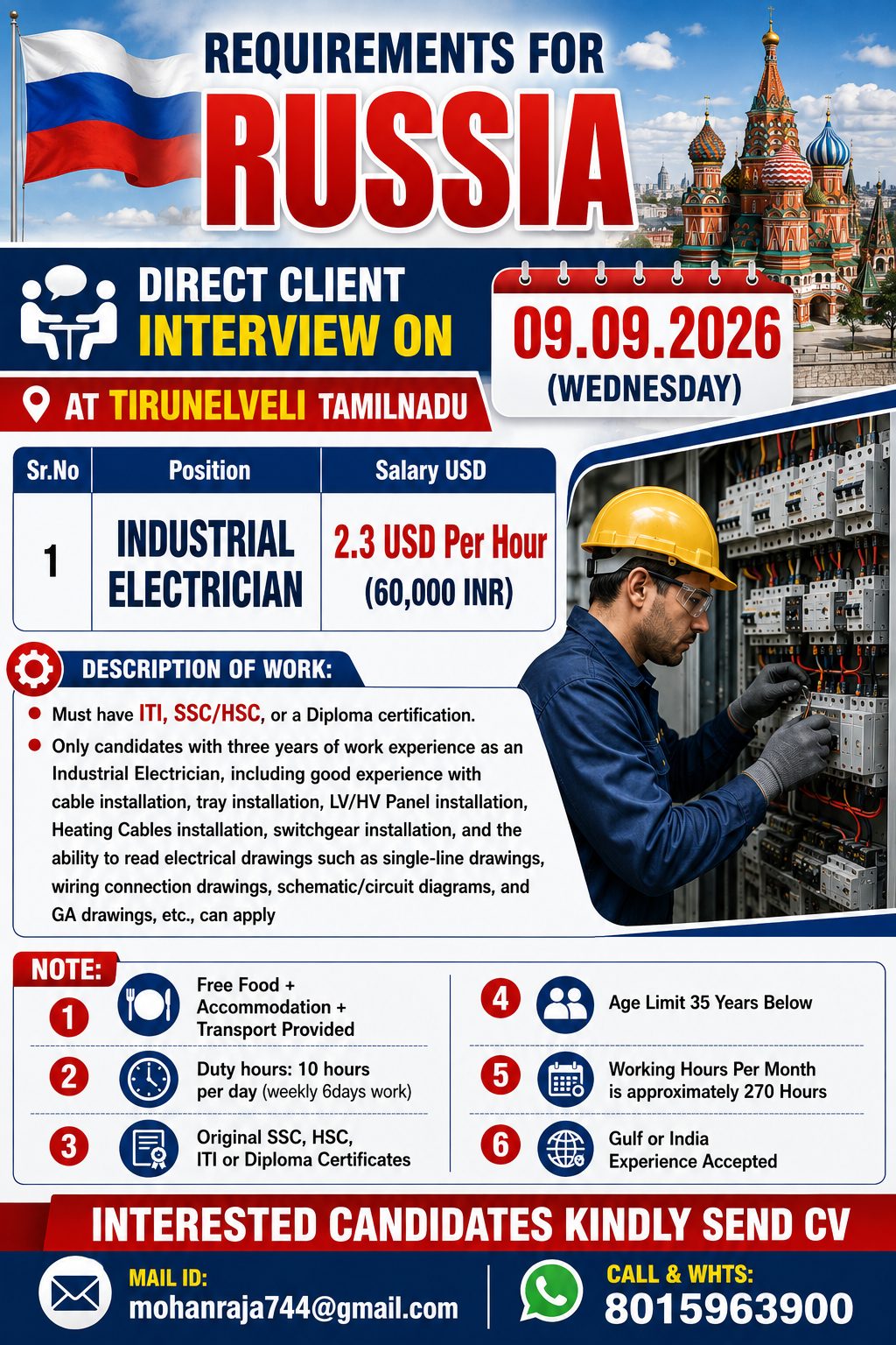 Industrial Electrician — JUPITER CONSULTANCY, Russia