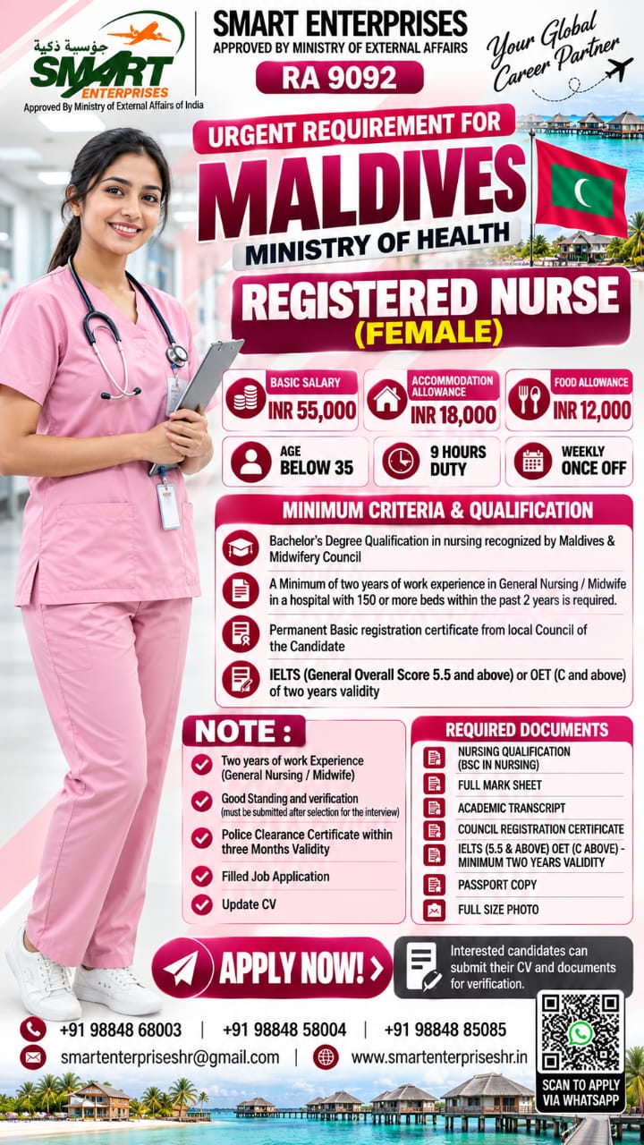 URGENT REUIREMENT FOR FEMALE NURSE IN MALDIVES — smartenterpriseshr@gmail.com, MALDIVES