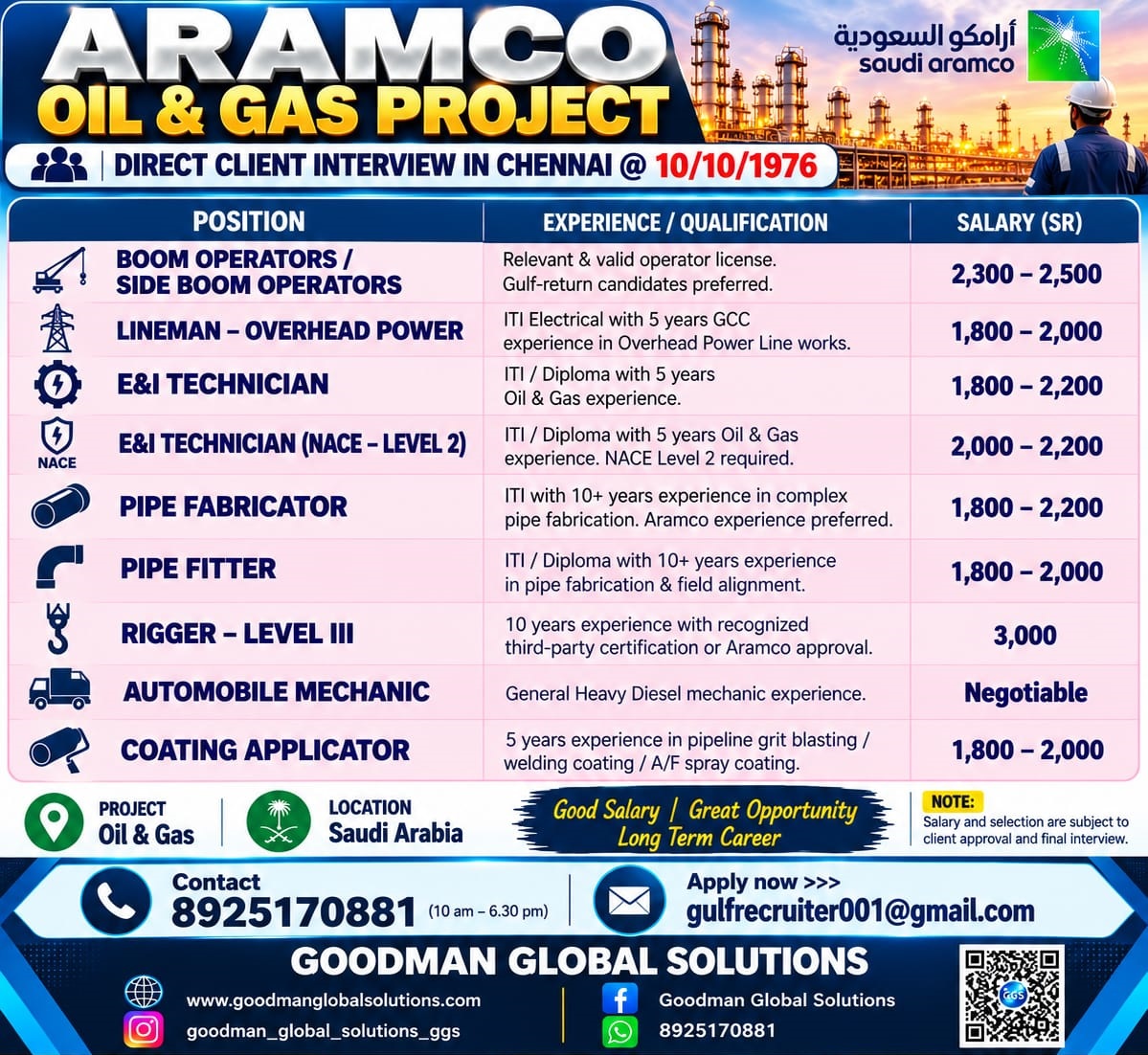 SAUDI - ARAMCO Oil & Gas Project Client Interview in CHENNAI @ 10/10/2026 — GOODMAN GLOBAL SOLUTIONS, Saudi Arabia, Saudi Arabia