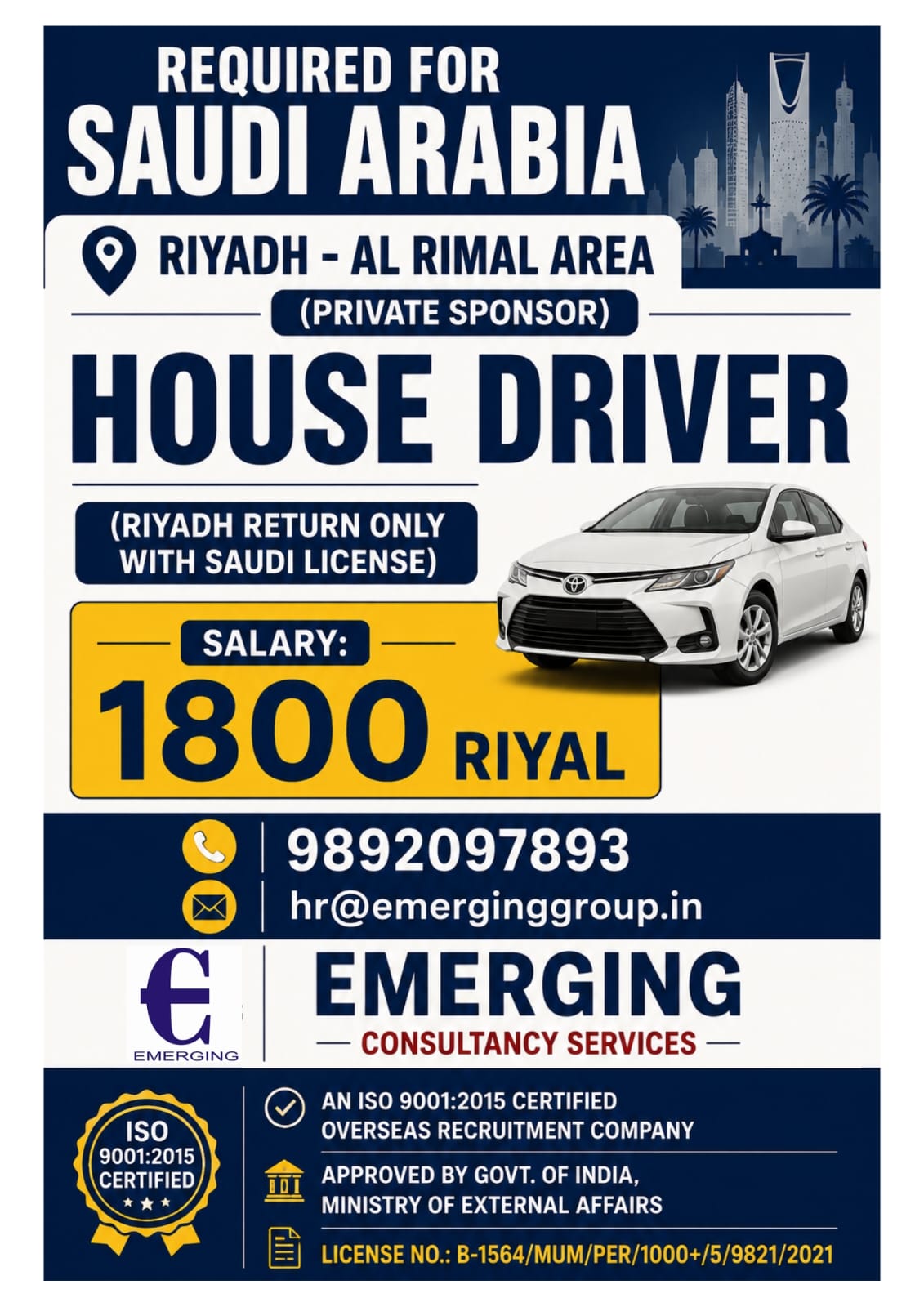URGENTLY REQUIRED FOR SAUDI ARABIA RIYADH - AL RIMAL AREA