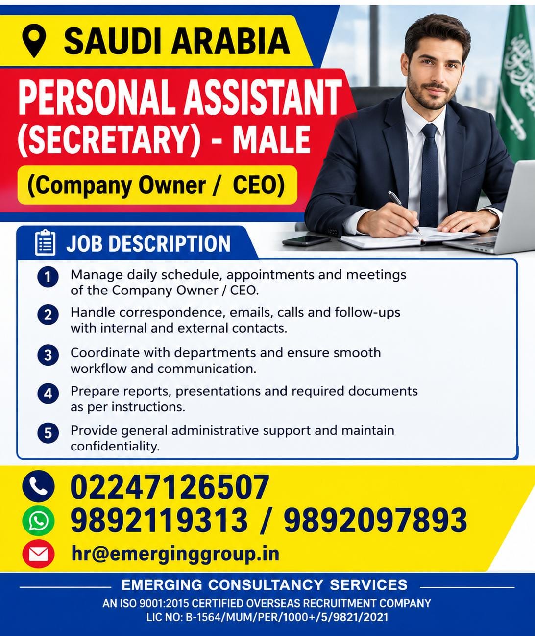 URGENT REQUIREMENT PERSONAL ASSISTANT (SECRETARY) – MALE | SAUDI ARABIA — Emerging Consultancy Services, SAUDI ARABIA, SAUDI ARABIA