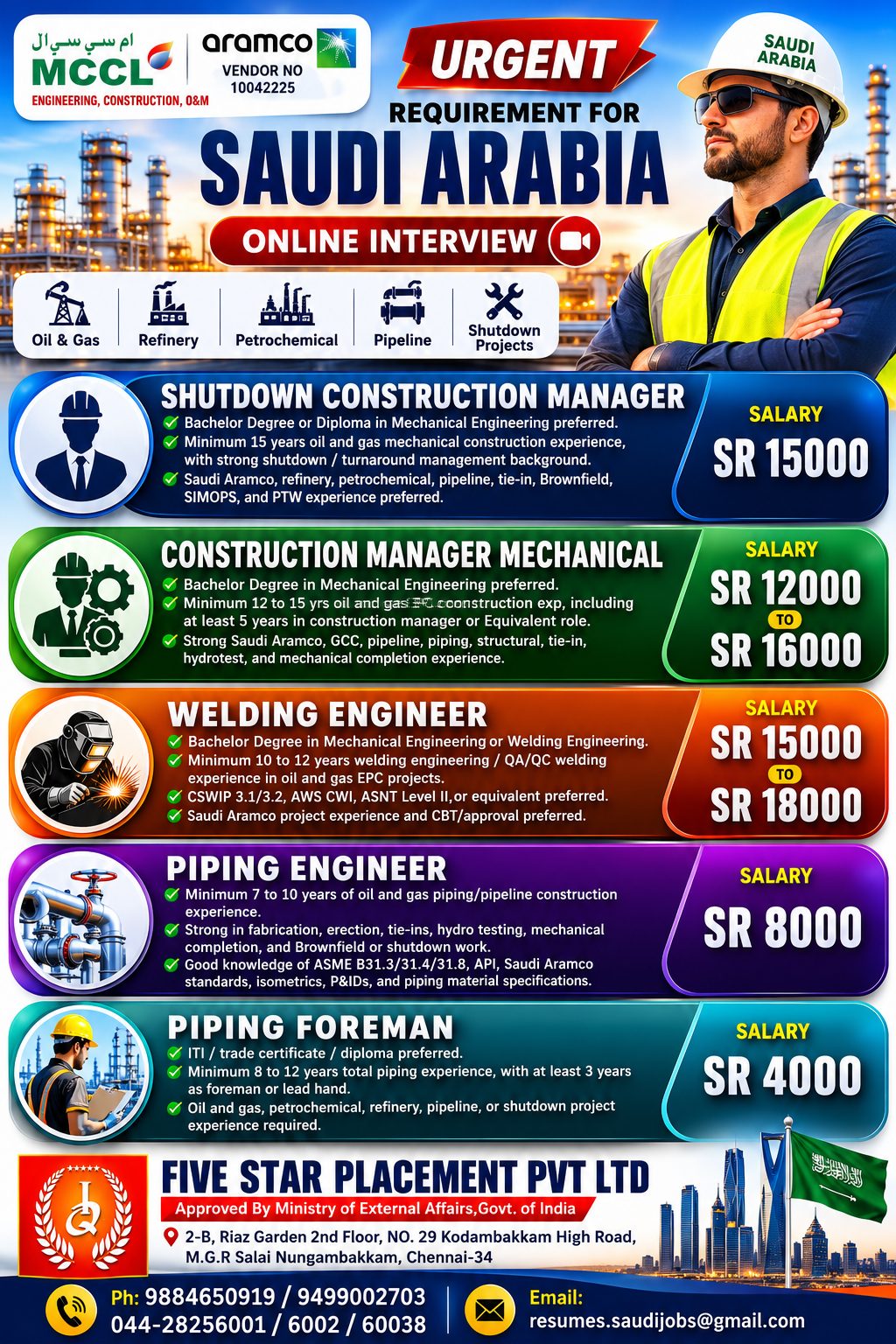 URGENT REQUIREMENT FOR   SAUDI ARABIA — Five Star Placement Pvt Ltd, SAUDI ARABIA, SAUDI ARABIA