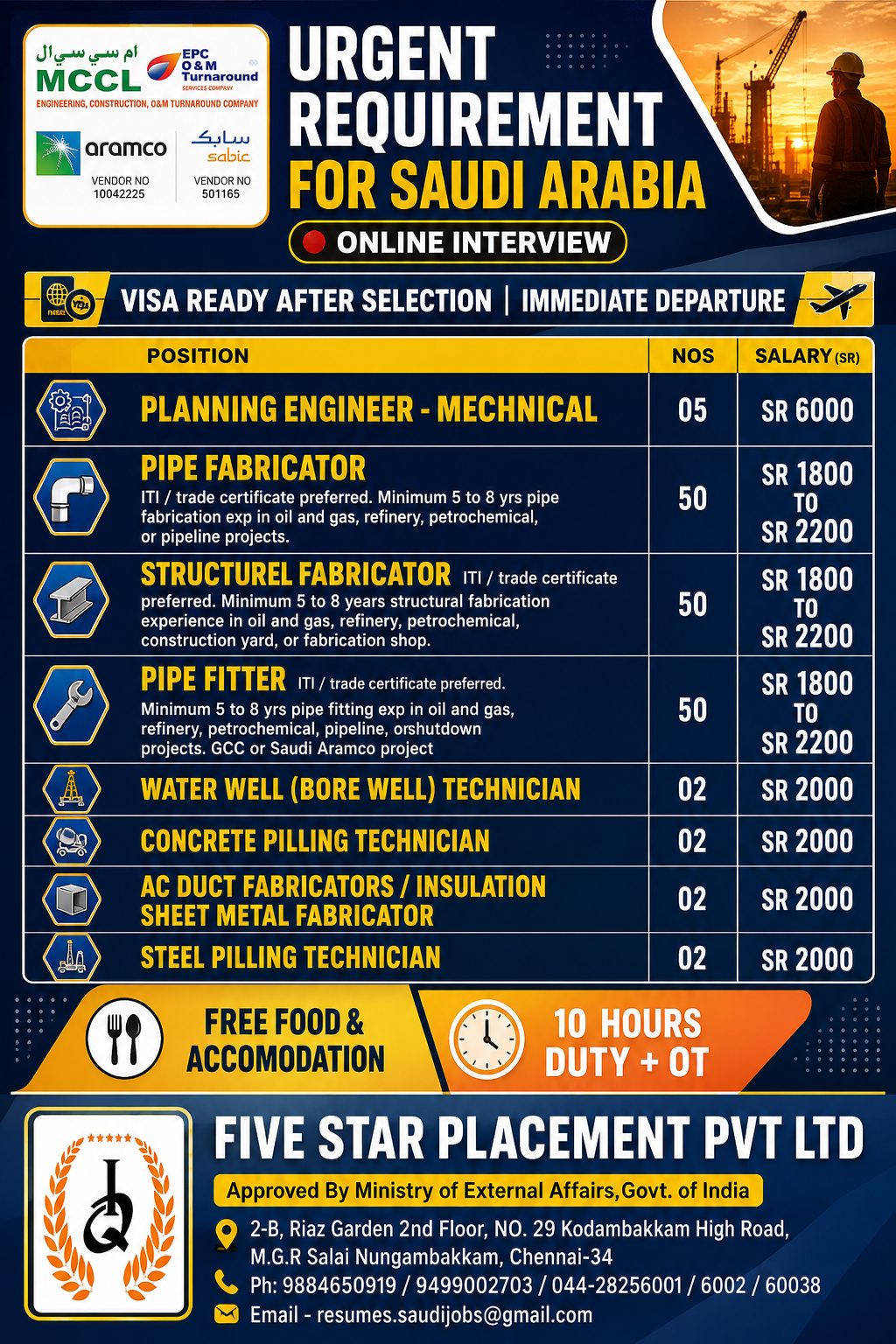 URGENT REQUIREMENT FOR SAUDI ARABIA - MCCL - ONLINE INTERVIEW — Five Star Placement Pvt Ltd, SAUDI ARABIA, SAUDI ARABIA