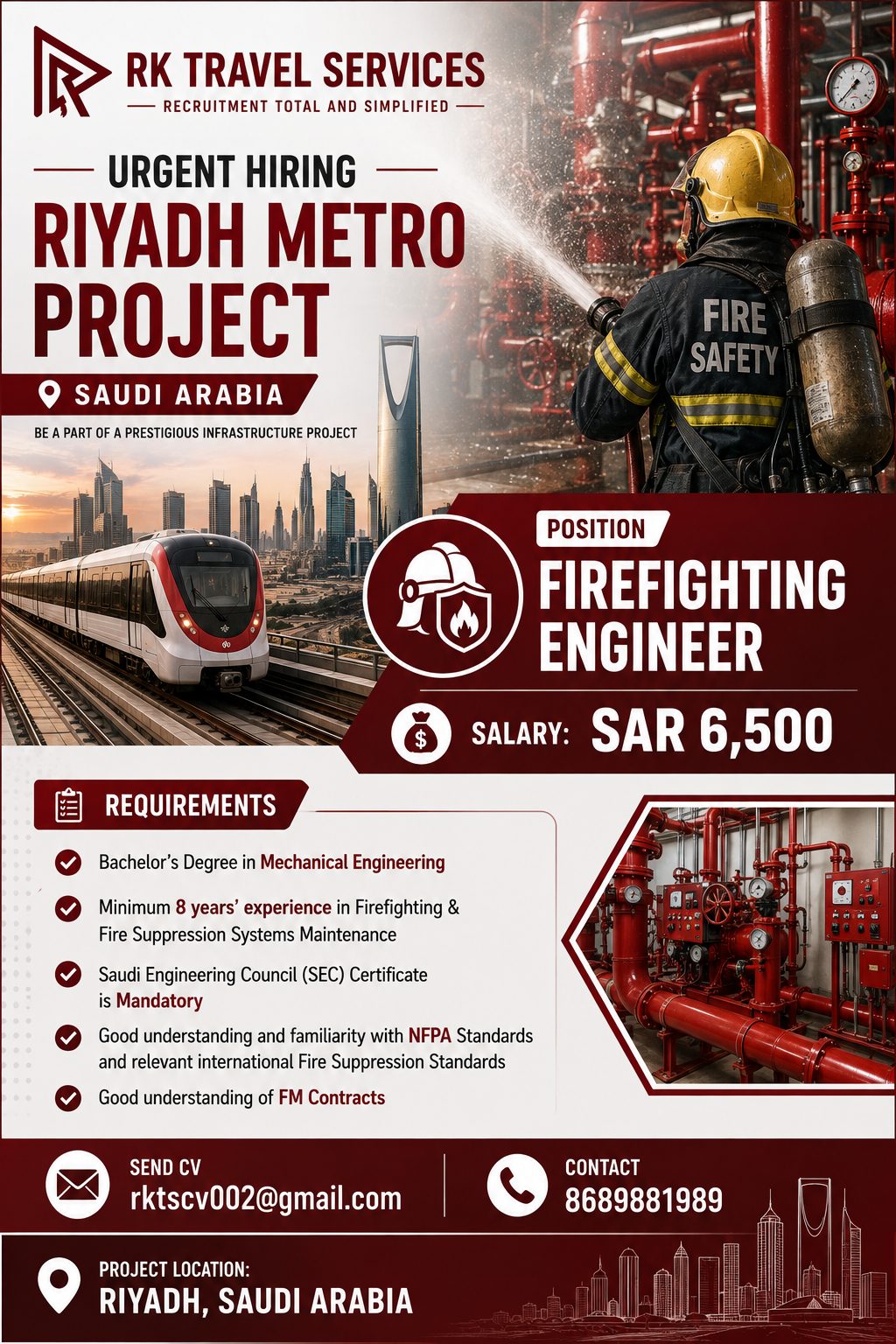 Riyadh Metro Project - Firefighting Engineer — RK Travel Services, Saudi Arabia, Saudi Arabia