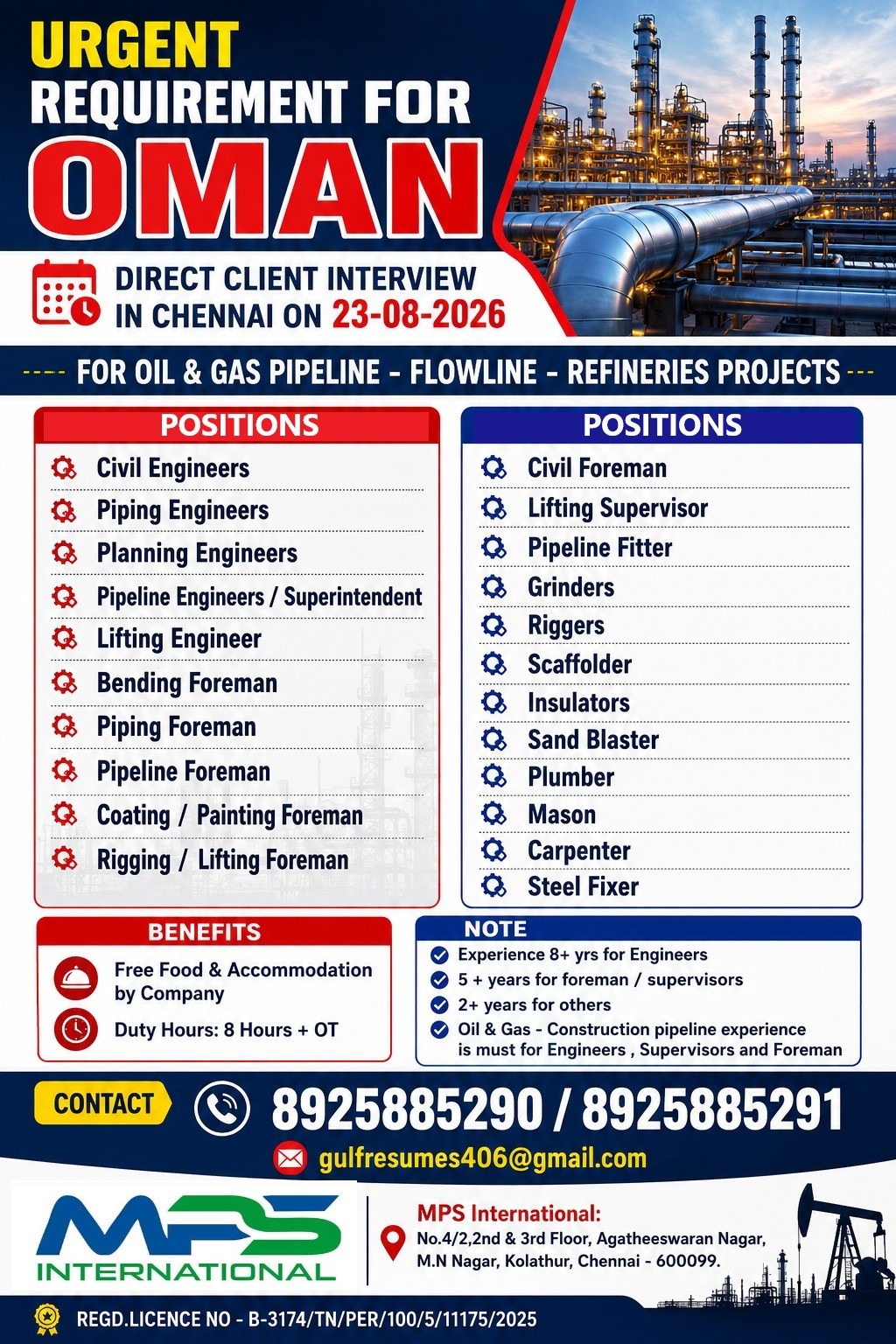 Urgent Requirement for Oman - Oil & Gas Pipeline, Flowline, Refineries Projects