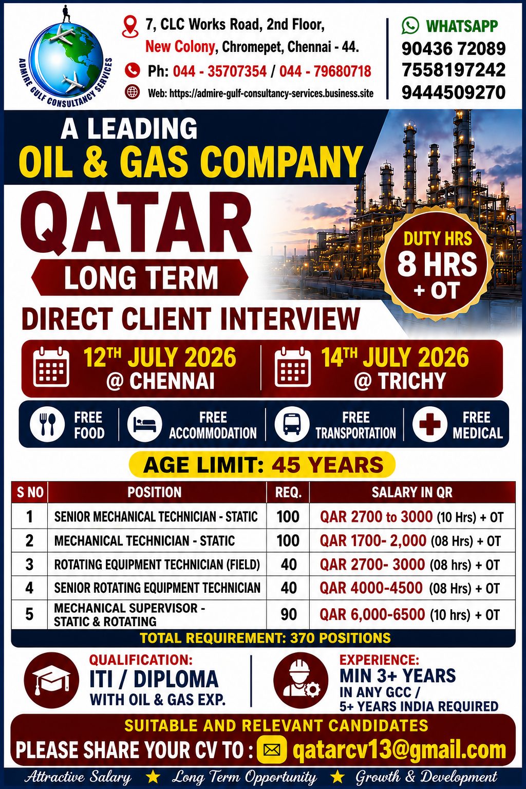 Oil & Gas Company Qatar - Long Term Direct Client Interview ON 12TH JULY 2026 ON CHENNAI & 14TH JULY 2026 ON TRICHY — admire gulf consultancy services, Qatar, Qatar