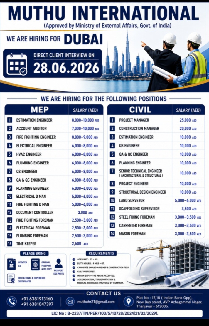 Mep and Civil — MUTHU INTERNATIONAL, Dubai, Dubai