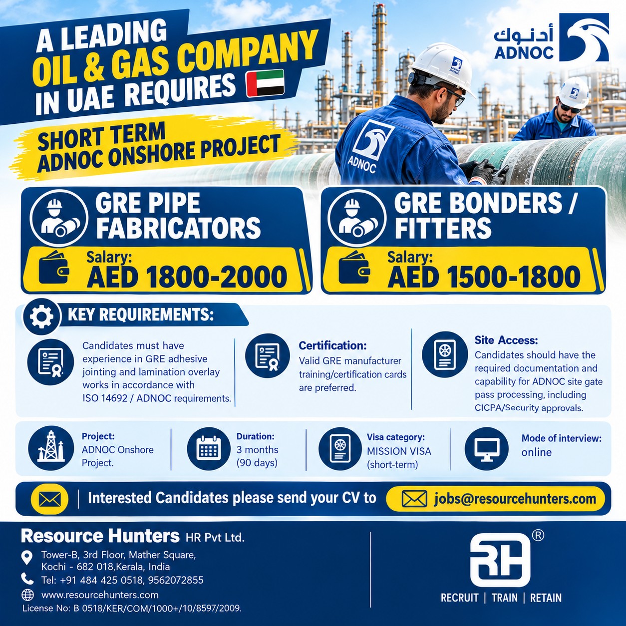 GRE PIPE FABRICATORS , GRE BONDERS / FITTERS