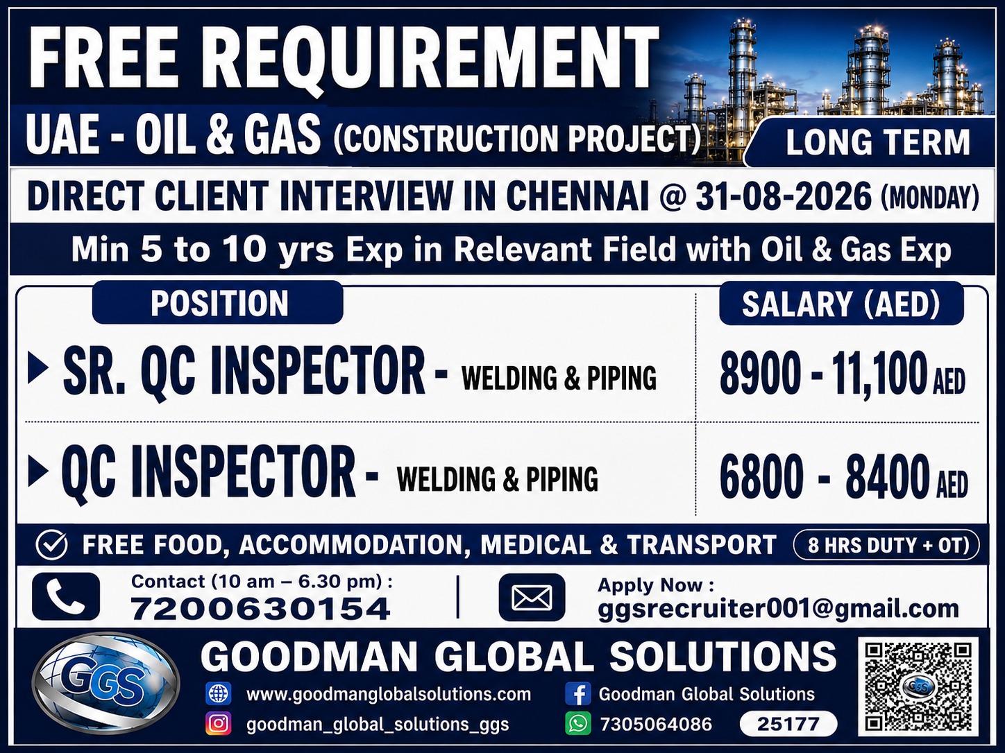 UAE - OIL & GAS - LONG TERM (CONSTRUCTION PROJECT ) DIRECT CLIENT INTERVIEW IN CHENNAI