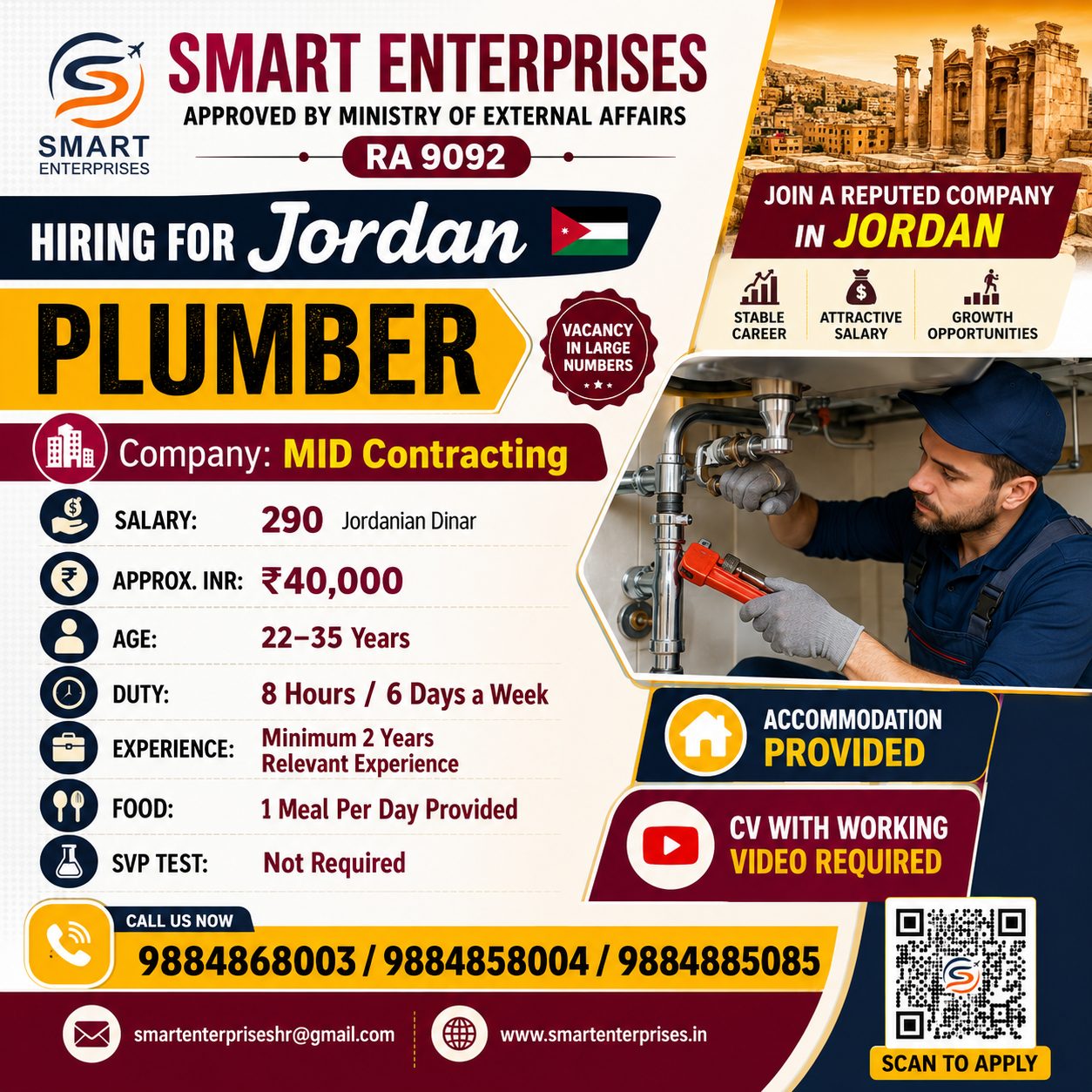 HIRING FOR PLUMBER — smartenterpriseshr@gmail.com, JORDAN, JORDAN