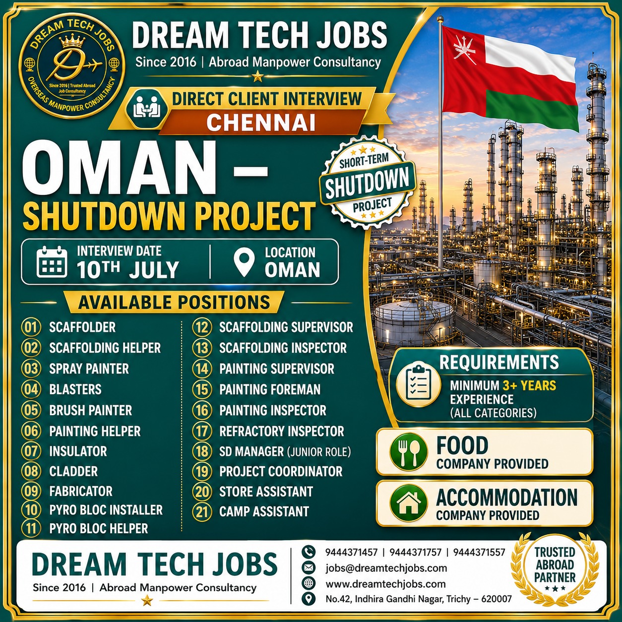 Oman - Shutdown Project — Dream Tech Jobs - Trichy, Oman
