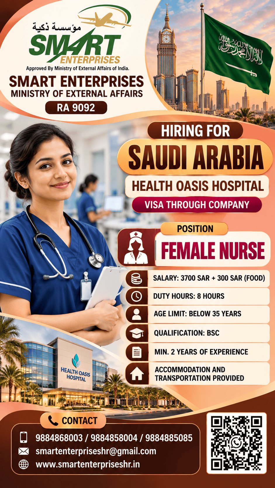 REQUIRES FEMALE NURSE FOR SAUDI ARABIA — smartenterpriseshr@gmail.com, SAUDI ARABIA, SAUDI ARABIA