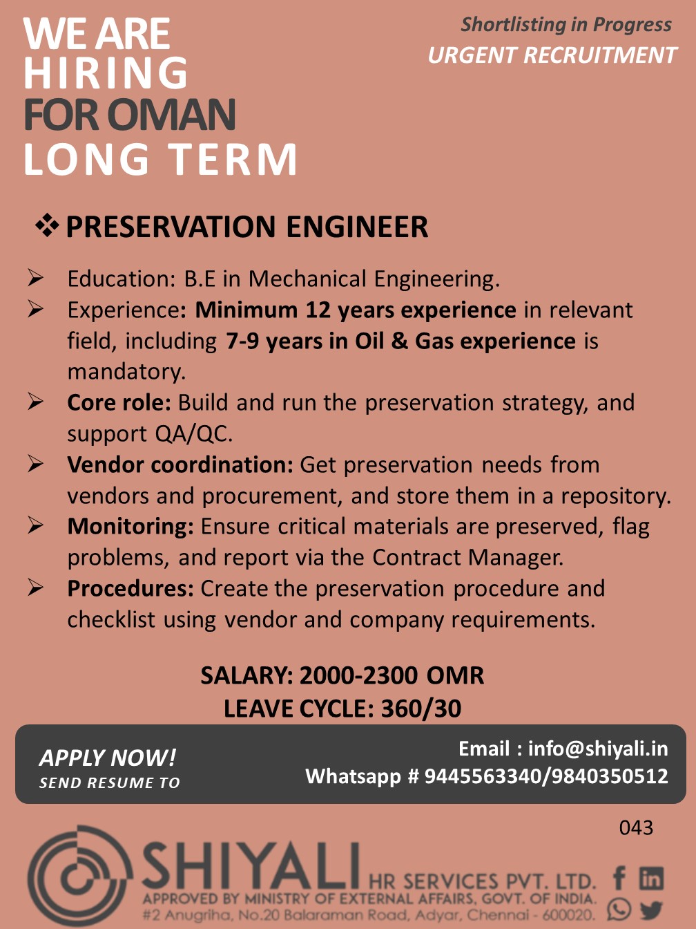 Preservation Engineer — SHIYALI HR SERVICES, Oman
