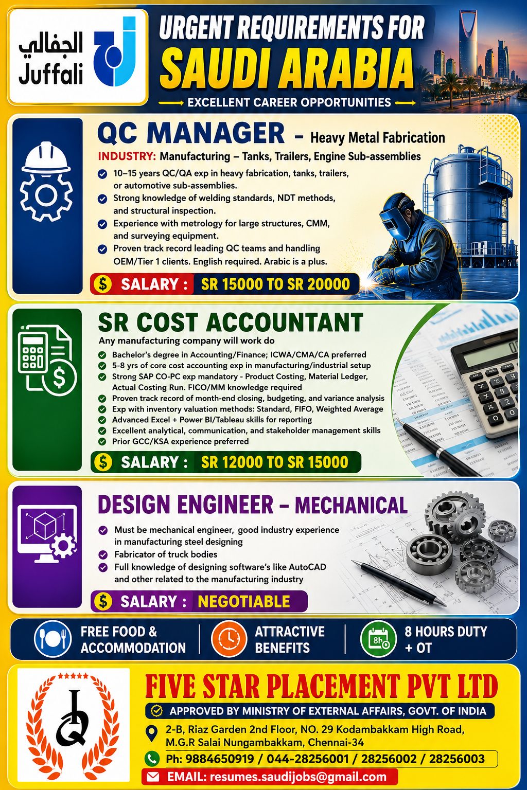 QC MANAGER , SR COST ACCOUNTANT ,DESIGN ENGINEER - SAUDI ARABIA — Five Star Placement Pvt Ltd, SAUDI ARABIA, SAUDI ARABIA