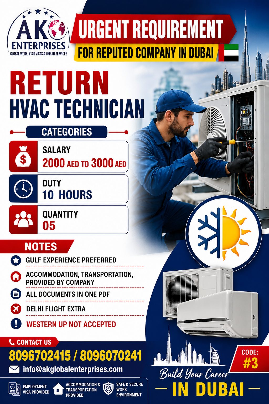 Urgently requirement for HVAC Technician- Dubai