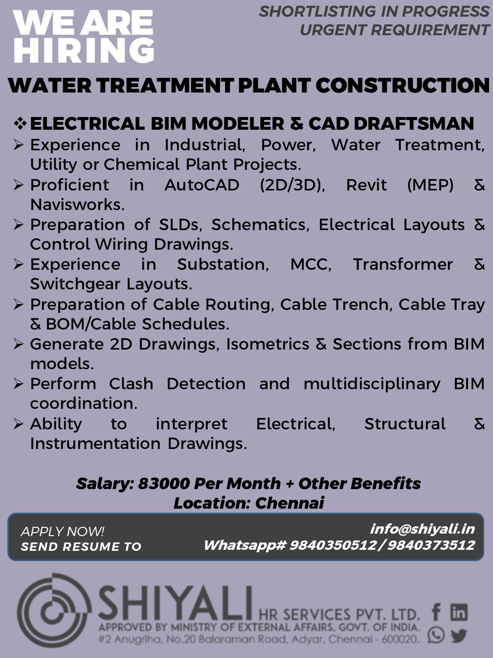 Electrical BIM Modeler & CAD Draftsman - Water Treatment Plant Construction — SHIYALI HR SERVICES, India, India