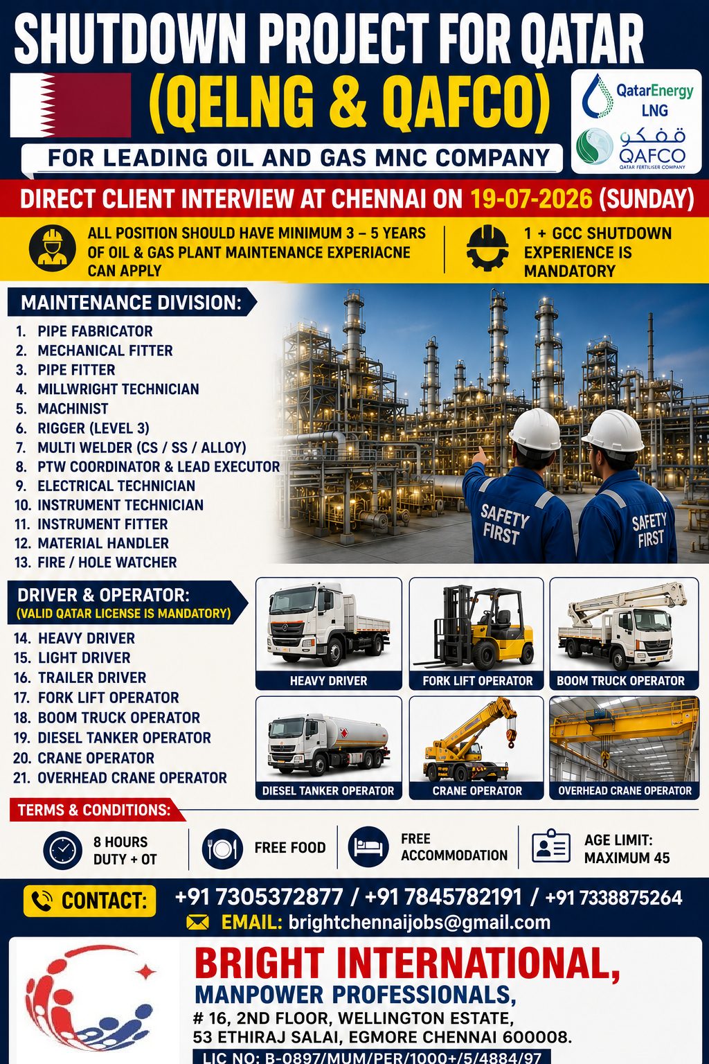 QATAR SHUTDOWN REQUIREMENT - QELNG & QAFCO... — Bright International, Chennai, QATAR, QATAR