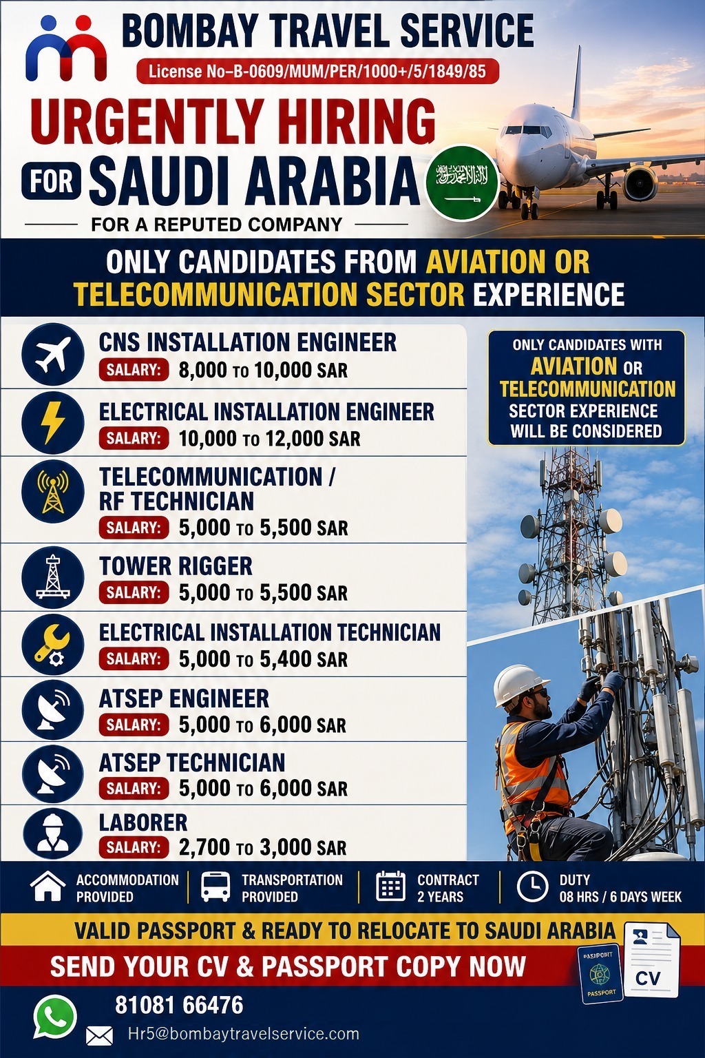 Bts urgently seeking below categories profiles — BOMBAY TRAVEL SERVICE, Saudi arabia, Saudi arabia