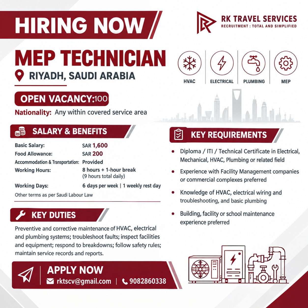 **HIRING NOW | MEP TECHNICIAN – RIYADH, SAUDI ARABIA 🇸🇦**