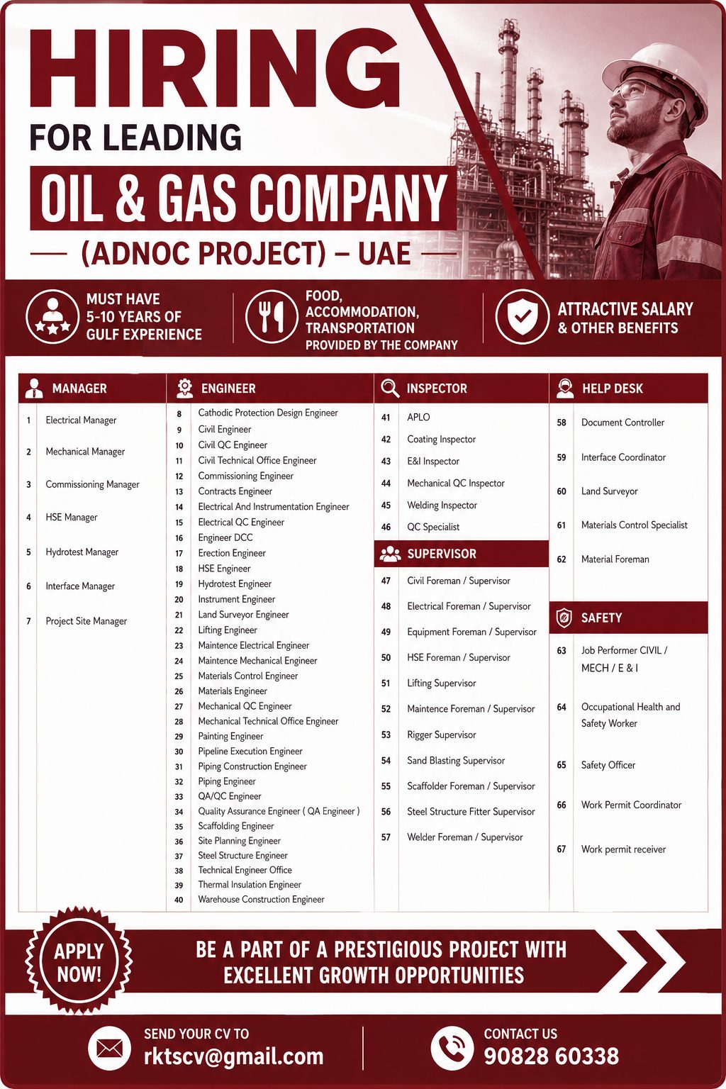 Hiring FOR LEADING OIL & GAS COMPANY (ADNOC PROJECT) – UAE — RK Travel Services, UAE