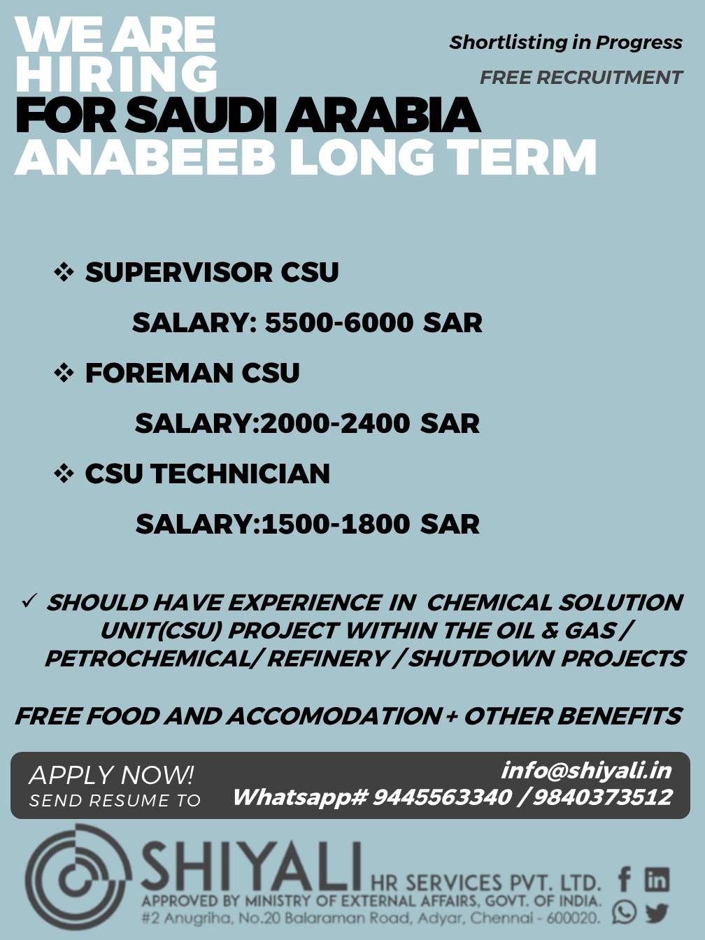 CSU Project - Anabeeb Long Term — SHIYALI HR SERVICES, Saudi Arabia, Saudi Arabia