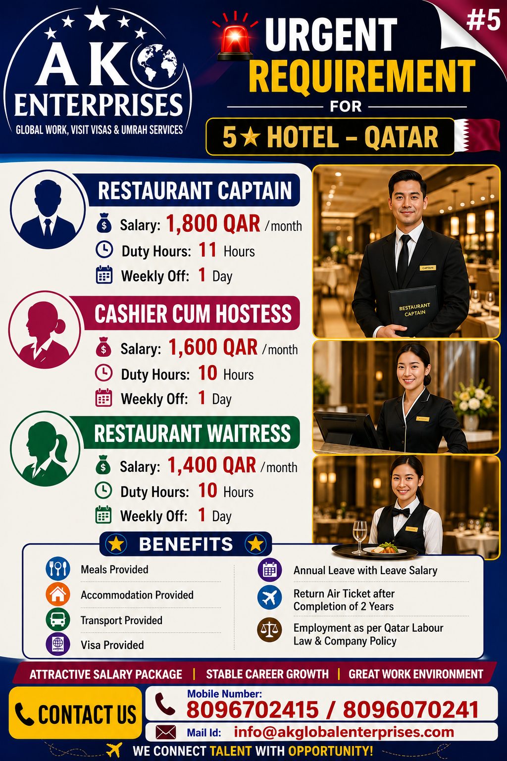 Urgently Requirement for Qatar 5 Star Hotel-Restaurant Captain, Cashier Cum Hostess , Restaurant Waitress — AK ENTERPRISES, Qatar