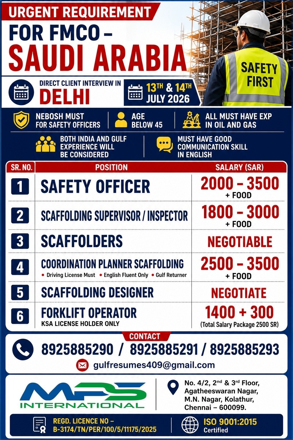 Urgent Requirement for FMCO - Saudi Arabia DIRECT CLIIENT INTERVIEW IN DELHI — MPS INTERNATIONAL, Saudi Arabia, Saudi Arabia