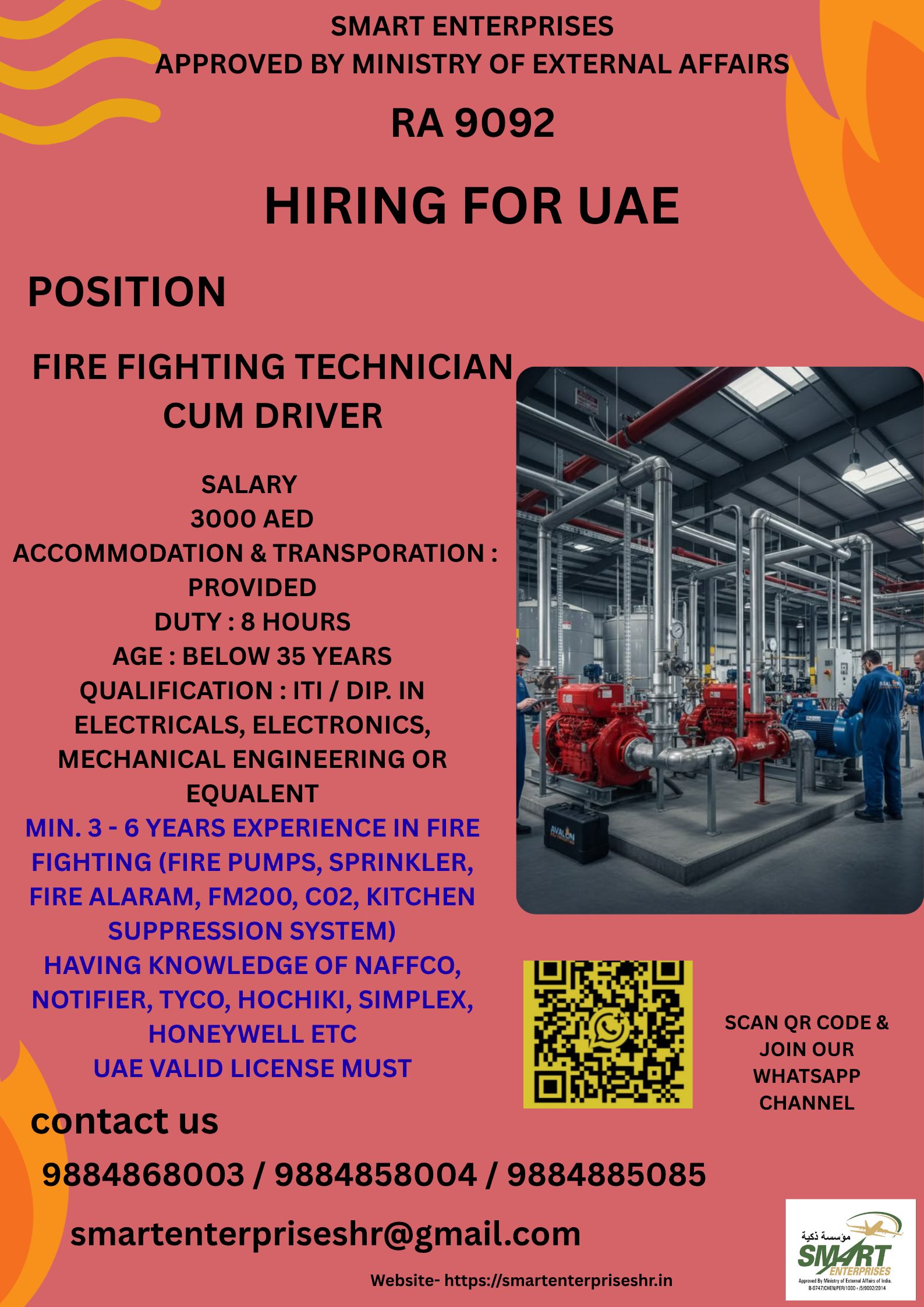 FIRE FIGHTING TECHNICIAN CUM DRIVER — smartenterpriseshr@gmail.com, UAE