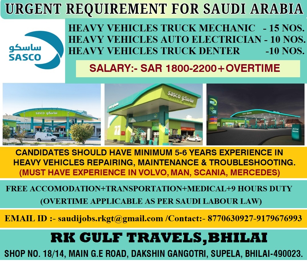 HIRING FOR SAUDI AUTOMOTIVE SERVICE COMPANY (SASCO) – SAUDI ARABIA. — RK GULF TRAVELS,BHILAI, SAUDI ARABIA, SAUDI ARABIA
