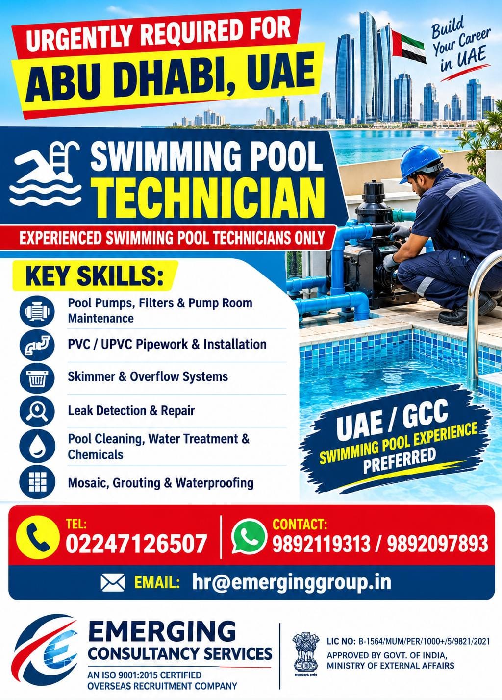 Required for Abu Dhabi, UAE – Swimming Pool Technician