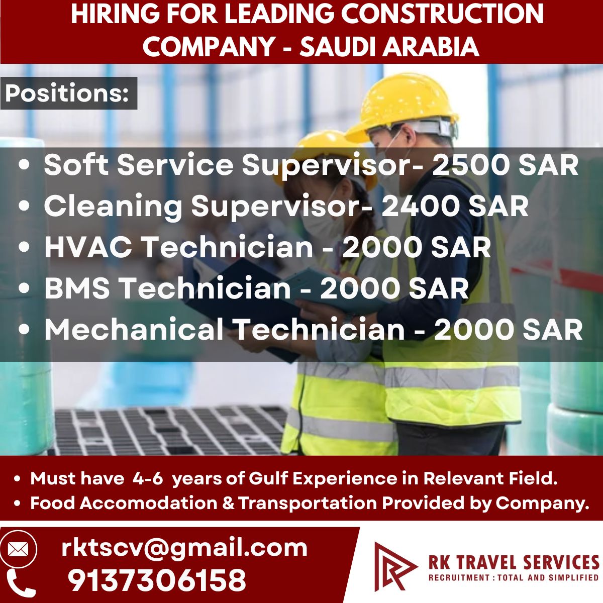 hiring for Leading CONSTRUCTION  Company - SAUDI ARABIA — RK Travel Services, Saudi Arabia, Saudi Arabia