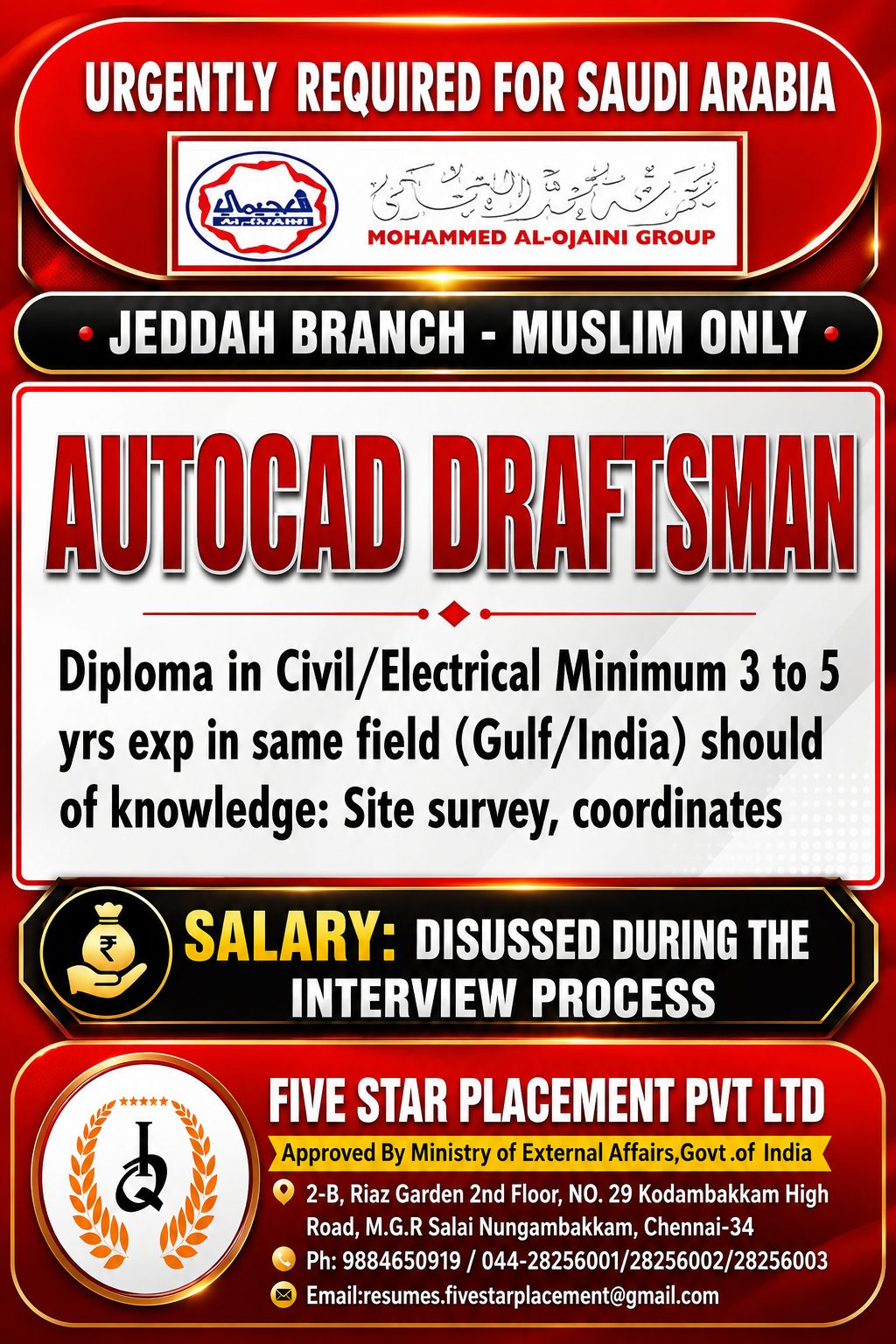 URGENT REQUIREMENT FOR  SAUDI ARABIA- JEDDAH — Five Star Placement Pvt Ltd, SAUDI ARABIA, SAUDI ARABIA