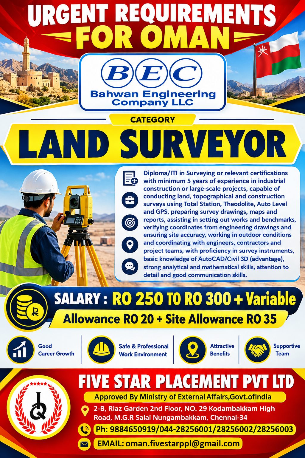 LAND SURVEYOR - BAHWAN ENGINEERING LLC/ OMAN — Five Star Placement Pvt Ltd, OMAN, OMAN