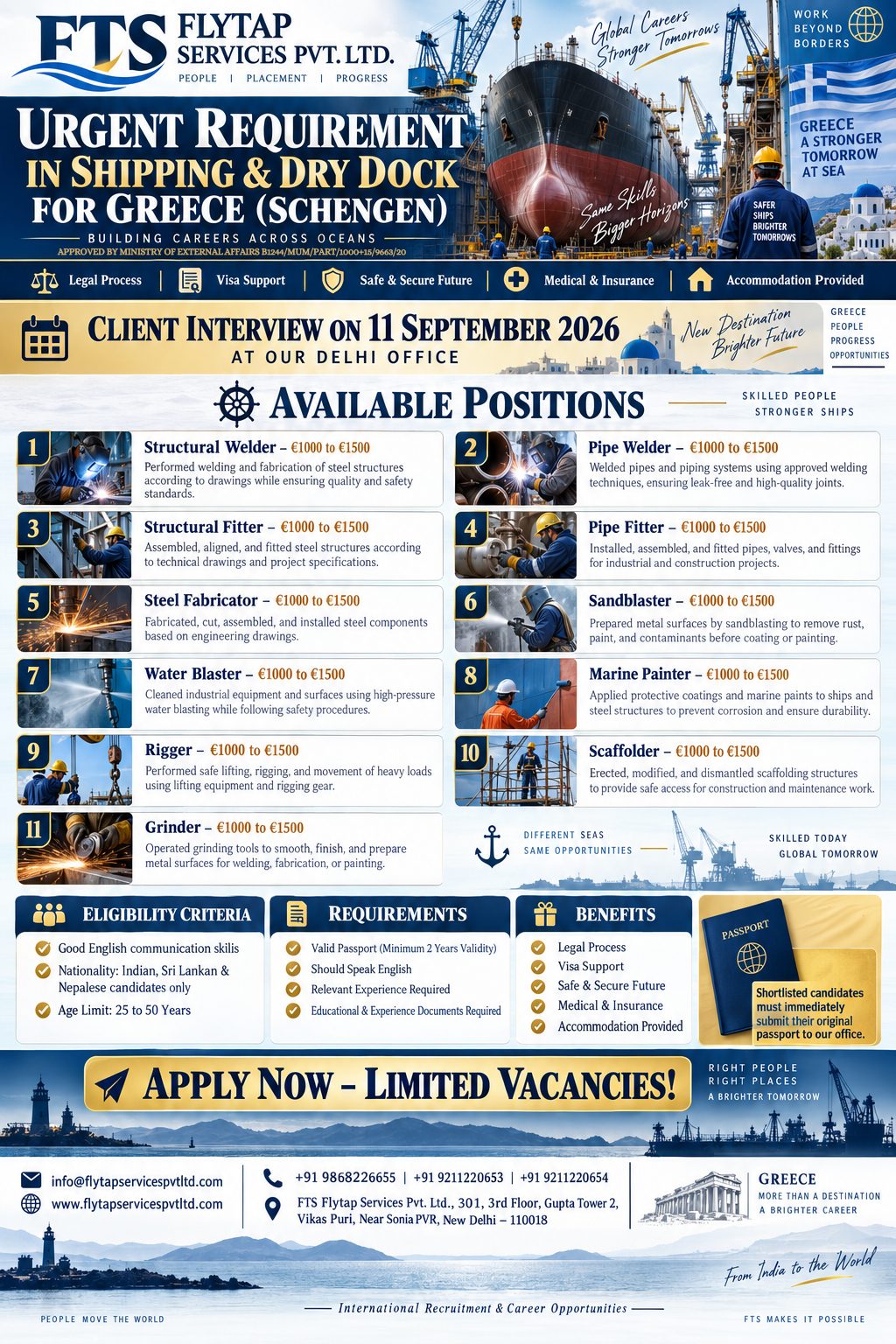 Urgent Requirement in Shipping & Dry Dock for Greece (Schengen)