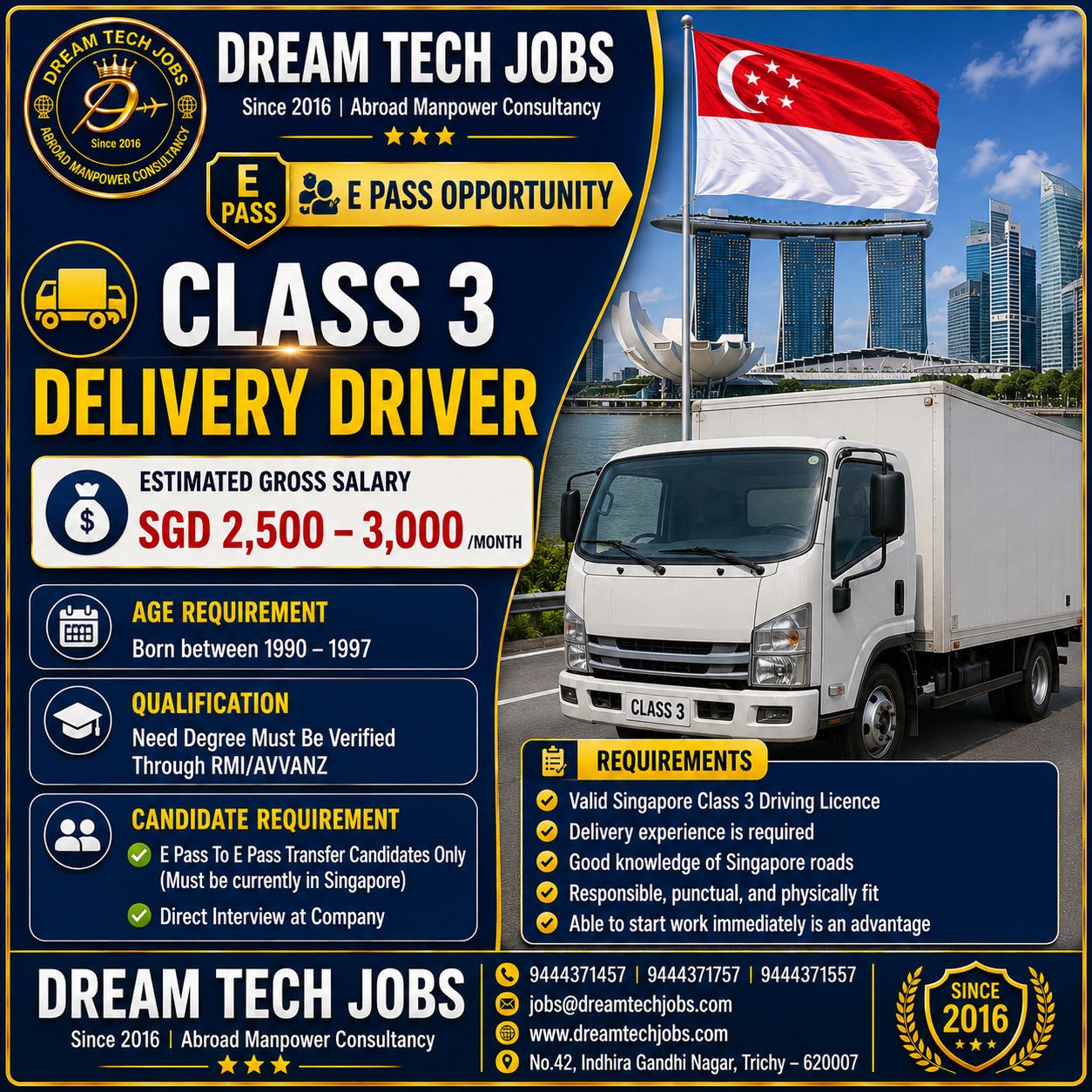 Class 3 Delivery Driver — Dream Tech Jobs - Trichy, Singapore