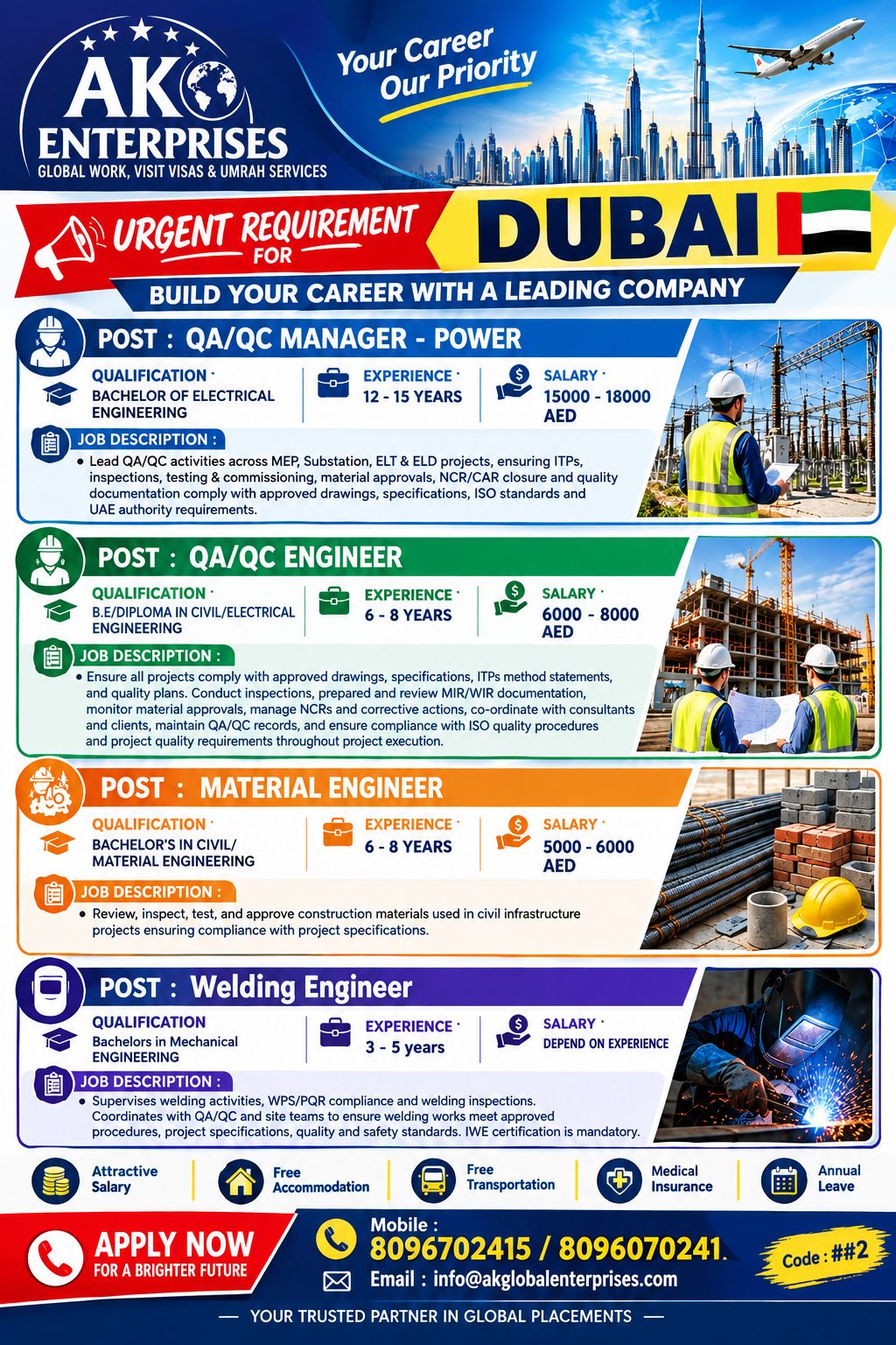 DUBAI – URGENT REQUIREMENT QA/QC Manager, Engineer ,Material, Welding Gcc experience