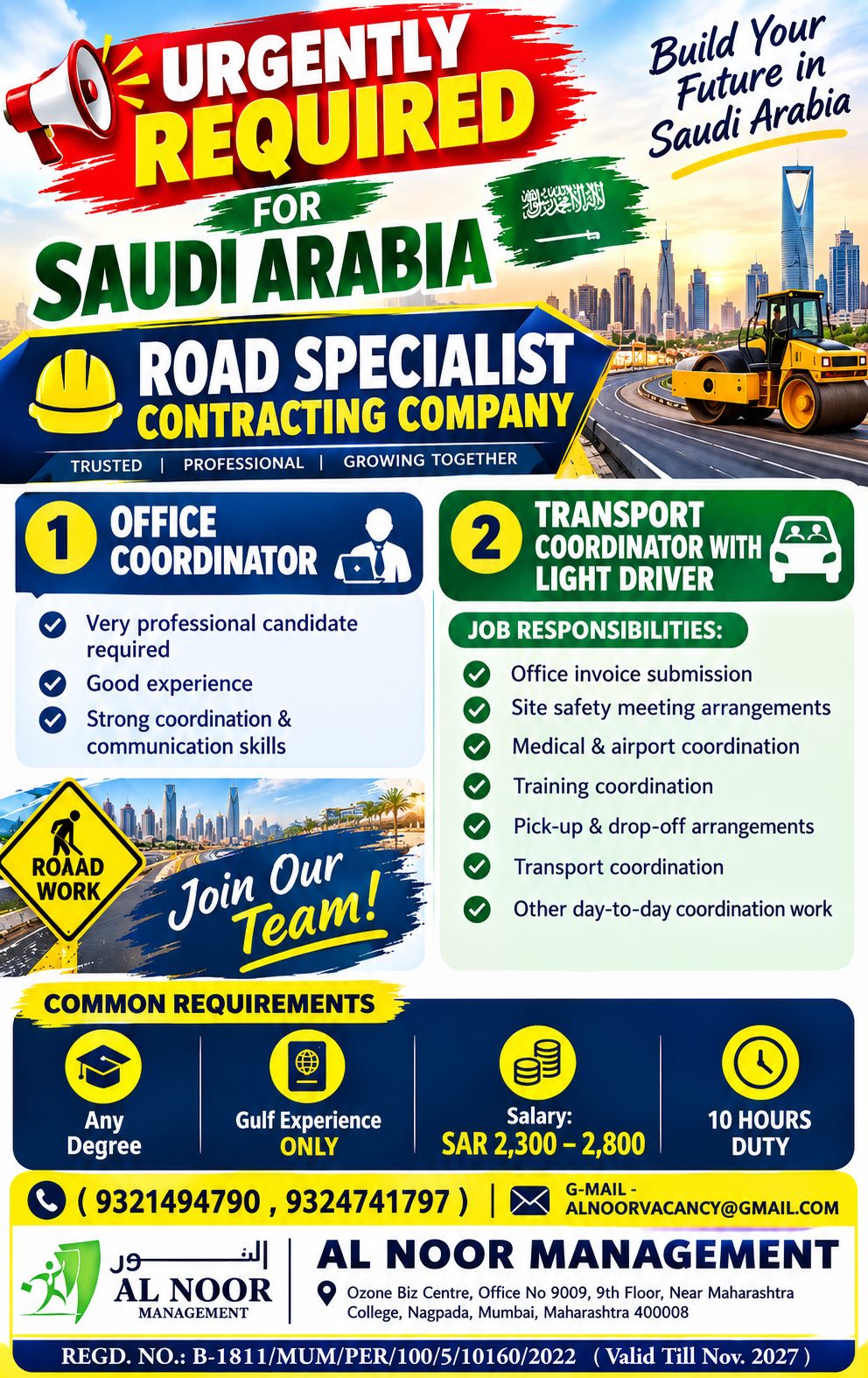 🇸🇦 **URGENT HIRING FOR SAUDI ARABIA 🇸🇦** Road Specialist Contracting Company is hiring — AL NOOR MANAGEMENT, Saudi Arabia, Saudi Arabia