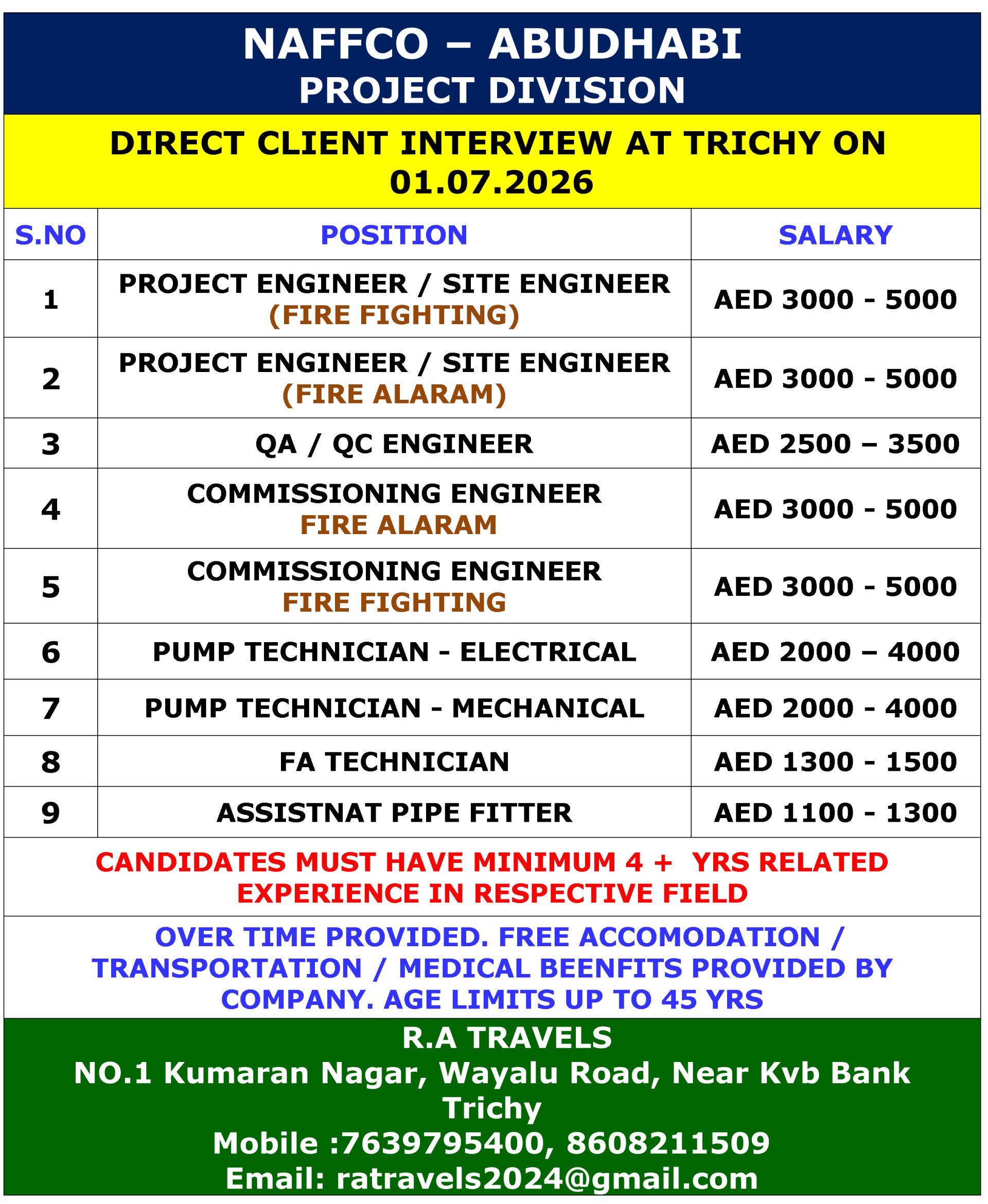 ENGINEER / SUPERVISOR — R.A Travels, ABUDHABI, ABUDHABI