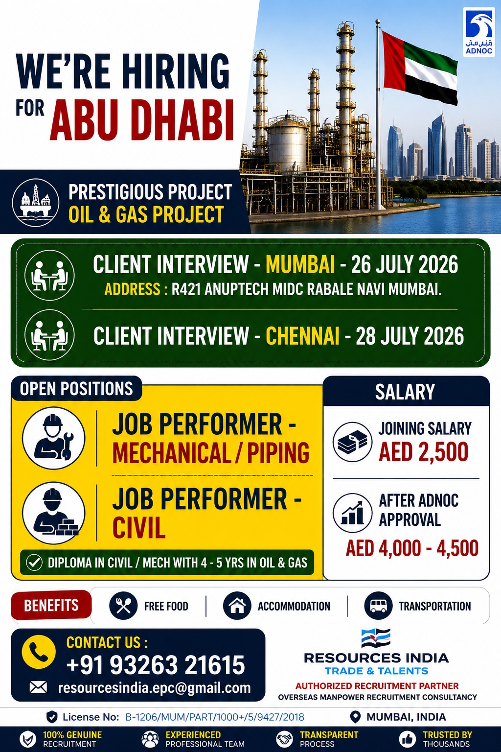 Job Performer - Mechanical/Piping and Civil — RESOURCES INDIA - TRADE &amp; TALENTS, United Arab Emirates, United Arab Emirates