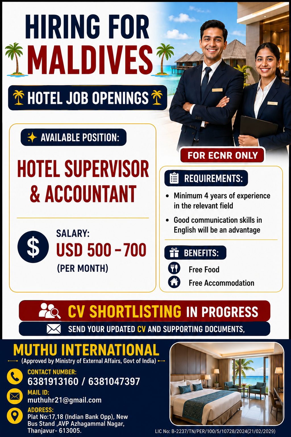 Accountant and supervisor — MUTHU INTERNATIONAL, Maldives, Maldives