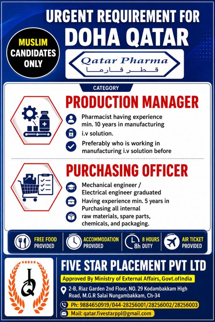 URGENT REQUIREMENT FOR  DOHA QATAR - QATAR PHARMA — Five Star Placement Pvt Ltd, DOHA QATAR, DOHA QATAR